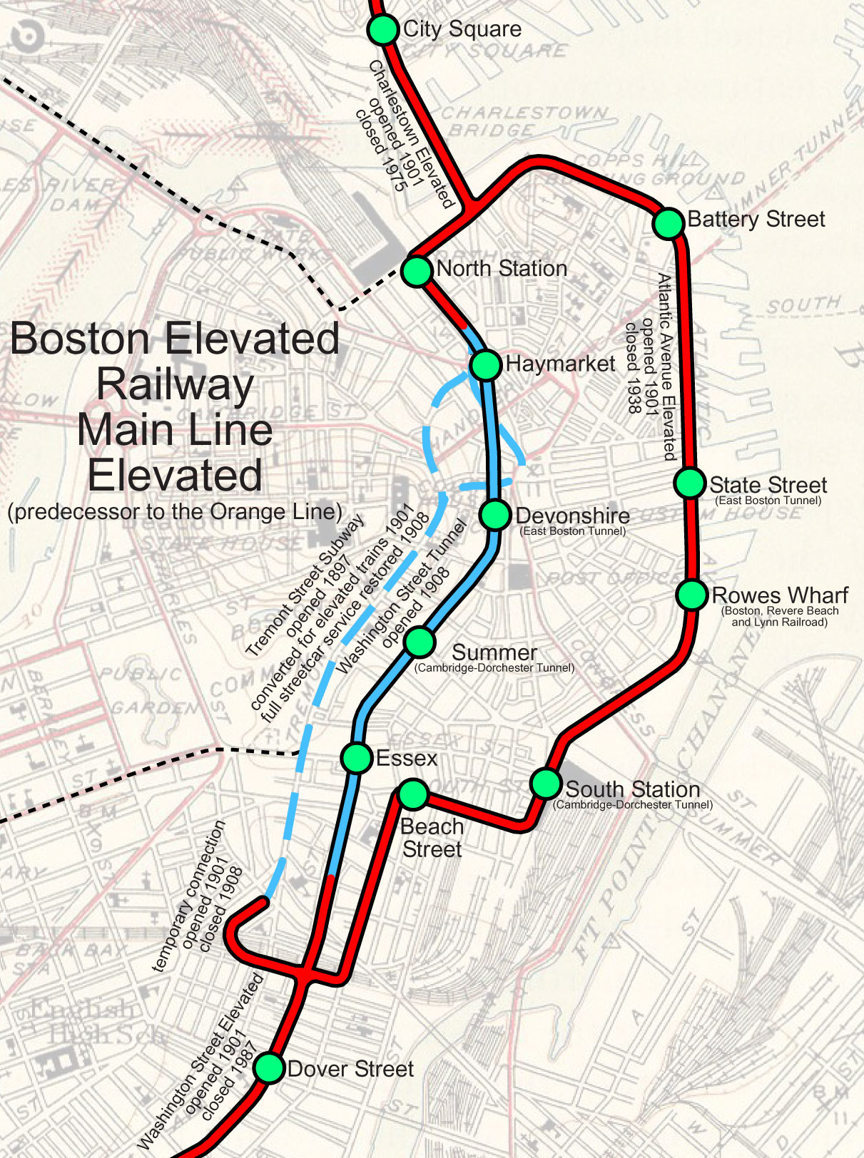 A map of the original route of the Orange Line through downtown.