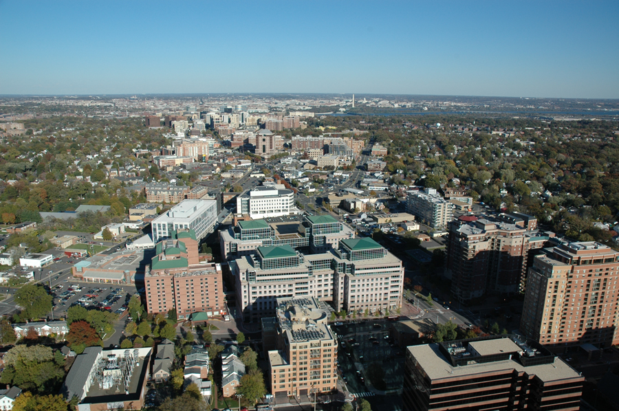 A view looking east along the Rosslyn-Ballston corridor in northern Arlington County; the dense corridor was the product of transit-oriented development efforts along the Orange Line subway through the county. Photo from the Arlington County government website.