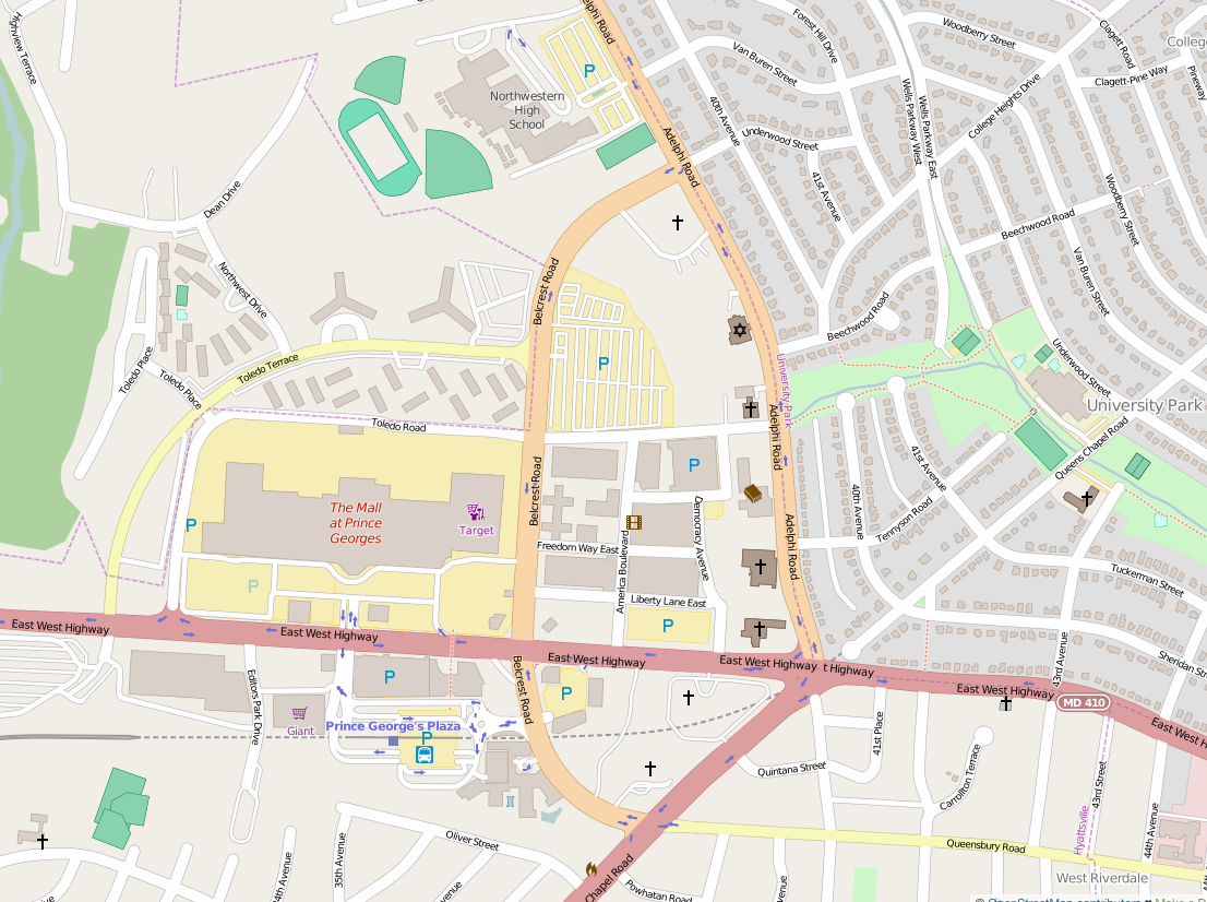 A map of the PG Plaza site, taken from Open Street Map. The Mall at Prince Georges is west of Belcrest Road and East-West Highway, University Town Center is built on the triangular plot of land between Belcrest Road, Adelphi Road, and East-West Highway, and Belcrest Center and the PG Plaza Metro station are south of East-West Highway.